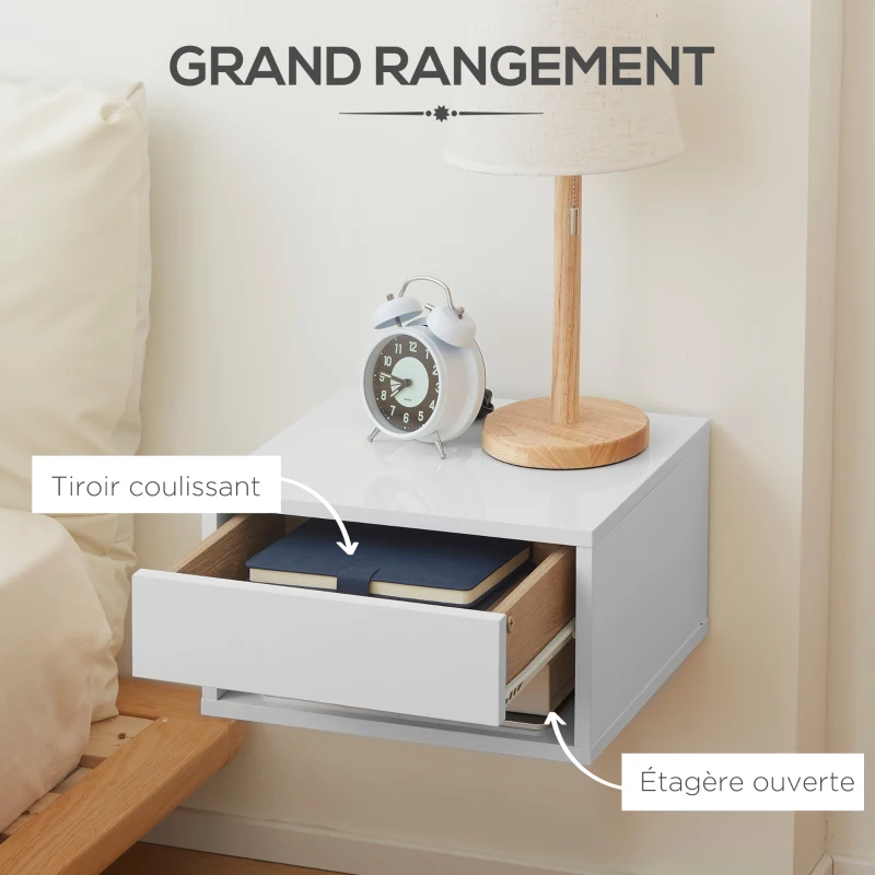HOMCOM Lot de 2 tables de chevet murales, tables de nuit, tiroir, compartiment ouvert, plateau, 37 x 32 x 21 cm, blanc