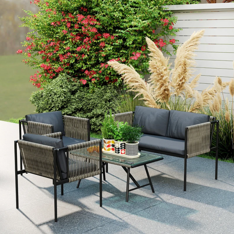 Outsunny Set Mobilier de Grădină din Ratan cu 2 Fotolii, Canapea cu 2 Locuri și Măsuță de Cafea din Sticlă, Gri