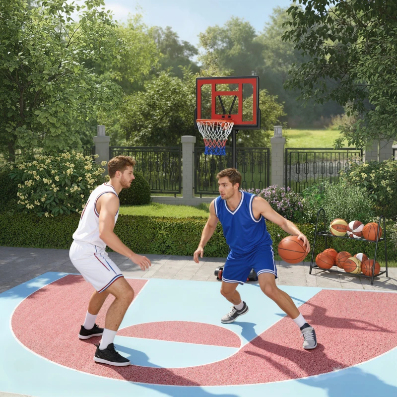 HOMCOM Rollbarer Basketballständer, Verstellbarer Basketballkorb, freistehend, Kunststoff, Stahl, 75L x 83B x 205-261H cm