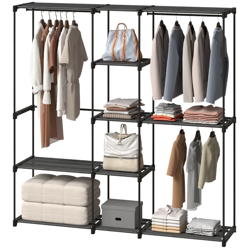 HOMCOM Armário para Roupas 182x43x185 cm Armário Aberto com 8 Prateleiras de Tecido Barras para Pendurar  182x43x185 cm Preto