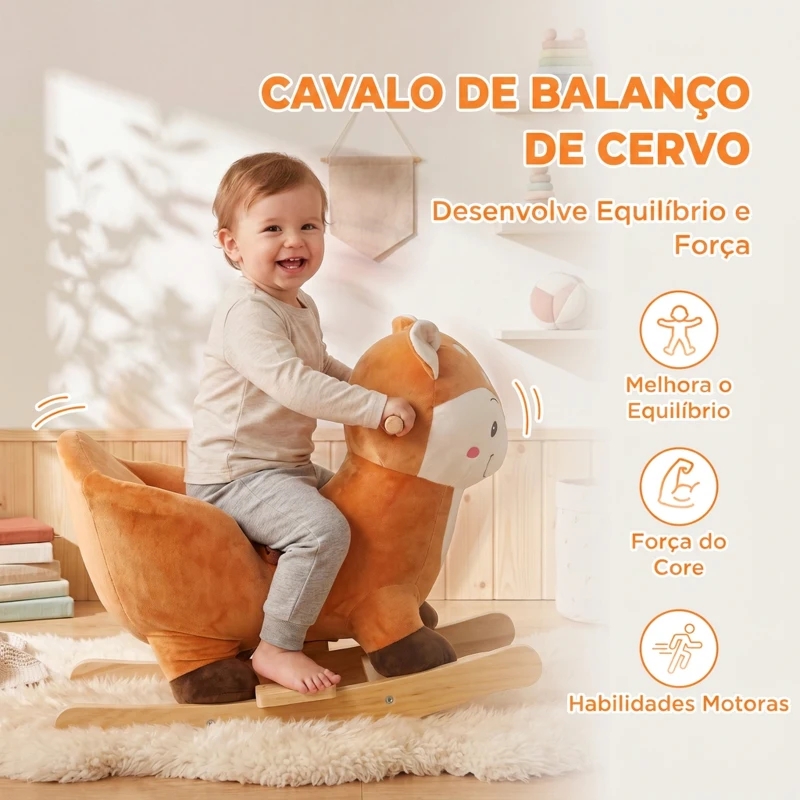 AIYAPLAY Cavalo de Baloiço para Bebés 12-36 Meses em Forma de Veado com Base Larga, Sons e Cinto de Segurança, Castanho-Escuro