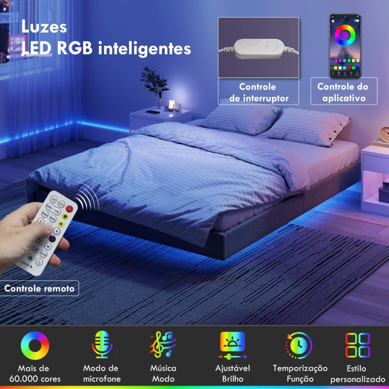 HOMCOM Cama 160x200 cm com Luzes LED Estofada em Linho Ripas de Madeira Silenciosa Fácil de Montar Cinzento