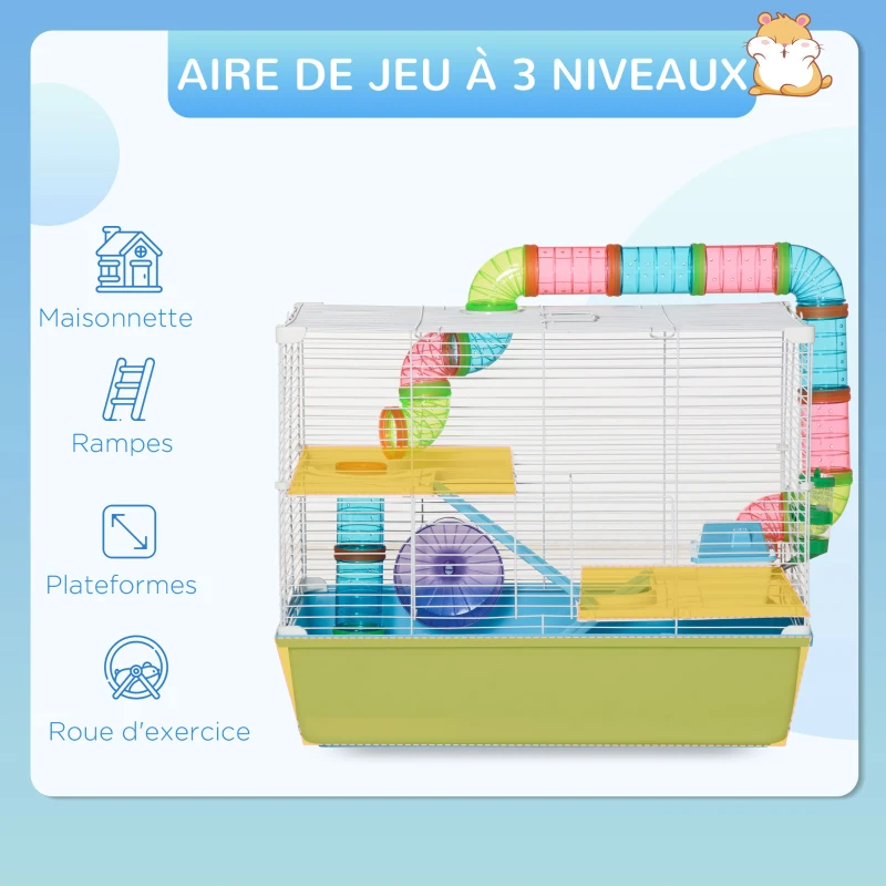 PawHut Cage à hamster rat rongeur 3 niveaux avec tunnel, biberon eau, roue, maisonnette, échelles dim. 59L x 36l x 47H cm