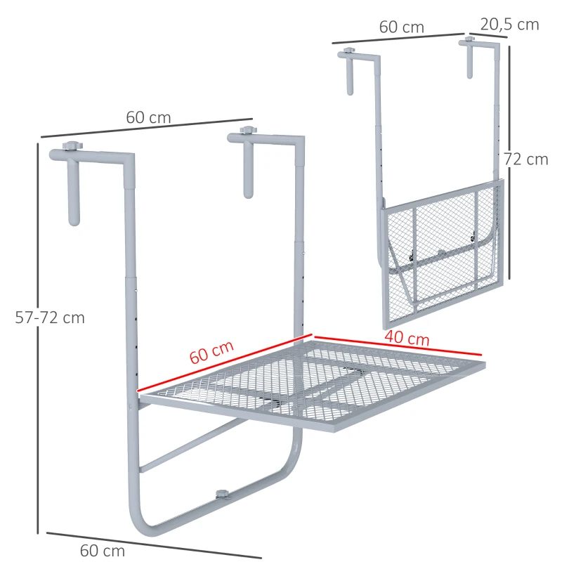 Outsunny Balkonhängetisch klappbar 4-fach höhenverstellbarer Hängetisch aus Metall wetterfest Balkontisch 60x40 cm Grau