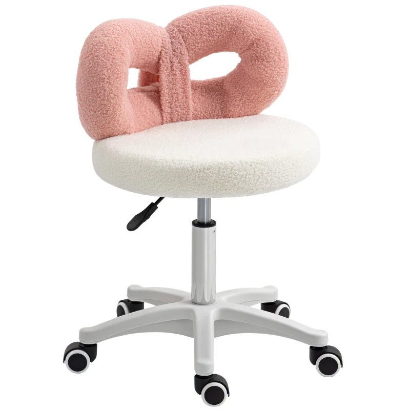 HOMCOM Scaun rotativ cu înălțime reglabilă, cu spătar curbat, din material Teddy, 50x50x63-77 cm, alb și roz