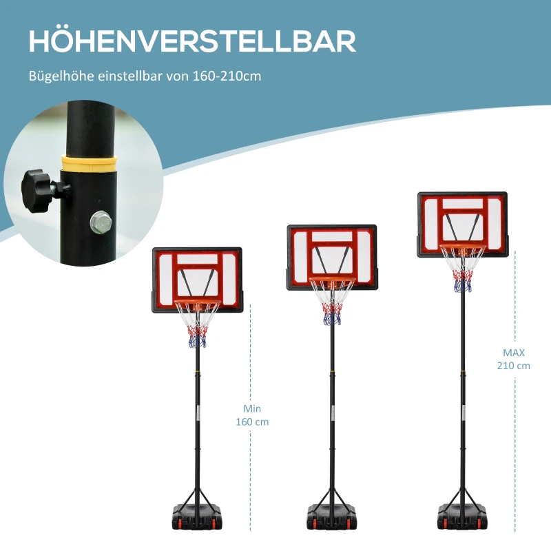 HOMCOM Rollbarer Basketballständer, Verstellbarer Basketballkorb, freistehend, Kunststoff, Stahl, 75L x 83B x 205-261H cm