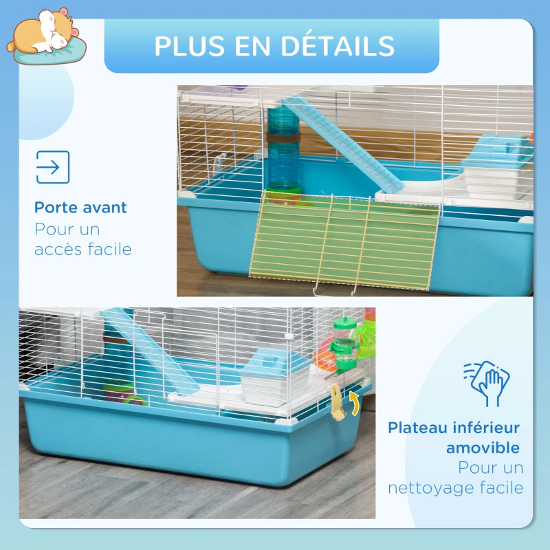 PawHut Cage à hamster rat rongeur 3 niveaux avec tunnel, biberon eau, roue, maisonnette, échelles dim. 59L x 36l x 47H cm