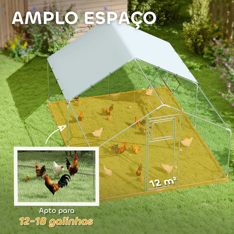 PawHut Galinheiro para Exterior 3x4 m Galinheiro de Aço Galvanizado com Comedouro Suspenso Tipo Espeto Poleiro Anti-UV Prata