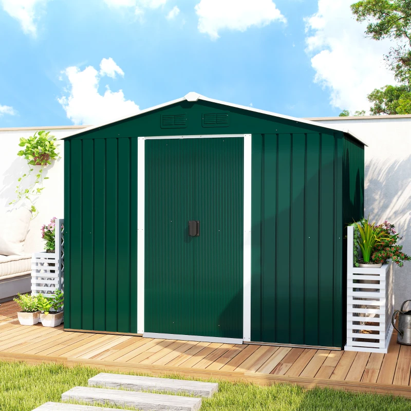 Outsunny Magazie de Grădină 3,6m² din Foi de Oțel cu 2 Uși Glisante și 4 Guri de Aerisire, 236x174x190 cm, Verde
