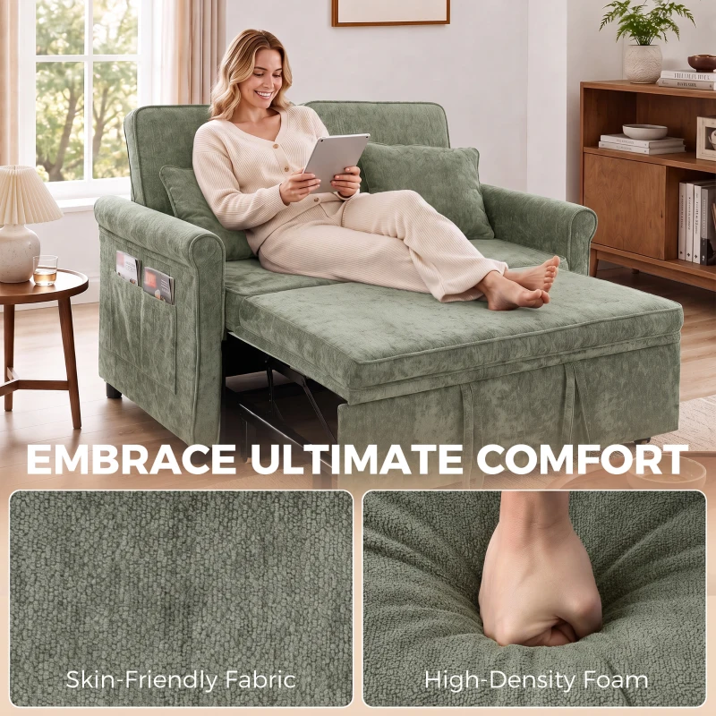 HOMCOM 2 Seater Sofa Bed 3-in-1 Convertible Chenille Pull Out Sleeper Sofa with 5-Position Adjustable Backrest, Light Green
