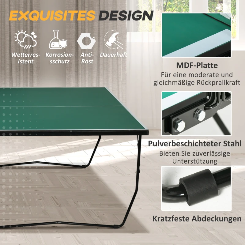 SPORTNOW Tischtennisplatte Tischtennis-Set, klappbar, 8 Rollen, inkl. Schläger u. Bälle, 274 cm x 152.5 cm x 76 cm, Grün