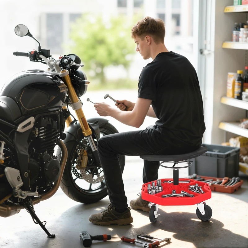 HOMCOM Banco de Oficina Móvel com Bandeja Magnética Altura Ajustável de 52–59,5 cm Carga 135 kg Banco para Mecânico com Rodas para Garagem Reparação de Automóveis Vermelho
