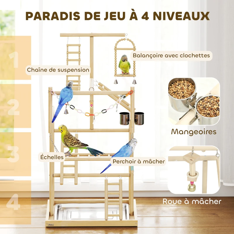 PawHut Aire de jeux pour oiseaux, terrain de jeu pour perroquet, échelles, jouet à chaîne, plateau, 48x38x95cm, bois naturel