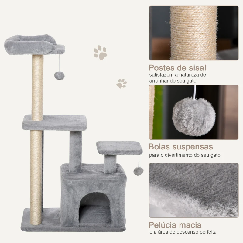 PawHut Arranhador para Gatos Altura 114 cm com Postes de Sisal 3 Plataformas Caverna e 2 Bolas Suspensas Cinza Claro