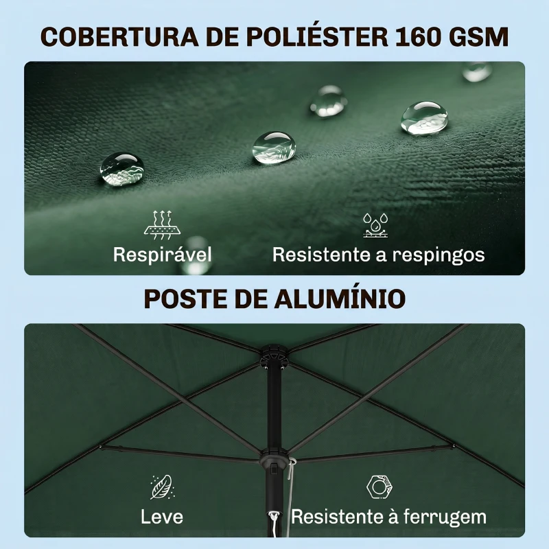 Outsunny Chapéu de Sol Retangular de Jardim 198x130x240cm Chapéu de Sol de Alumínio com Função de Inclinação para Terraço Pátio Exterior Verde