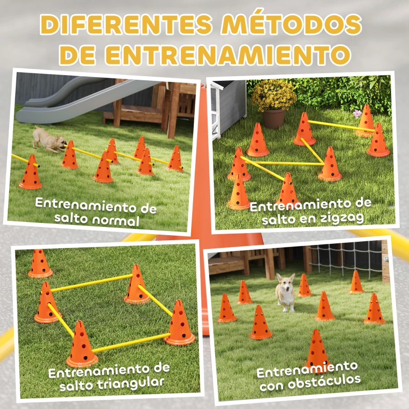 PawHut Juego de Agilidad para Perros Vallas de Obstáculos de Entrenamiento de Coordinación 8 Conos 8 Barras Bolsa