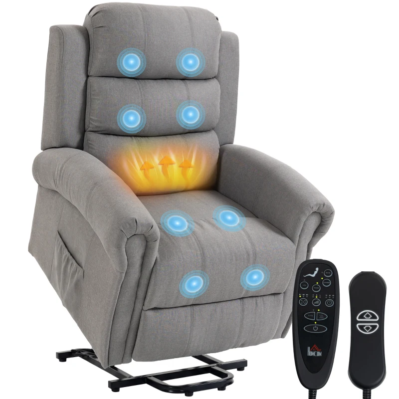 HOMCOM Fotoliu Power-Lift relax cu masaj prin vibrații și funcție de încălzire, fotoliu cu ridicare, port USB, buzunare laterale și telecomandă, Gri deschis