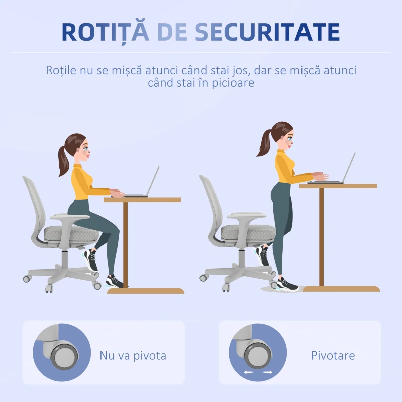 Vinsetto Scaun de Birou Ergonomic și Reclinabil cu Înălțime Reglabilă, cu 5 Roți, 55x48x82.5-94.5 cm, Gri