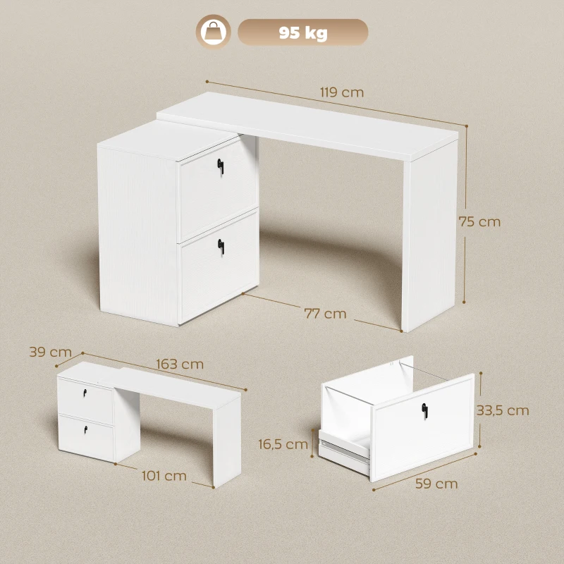 HOMCOM Secretária Reversível em Forma de L com 2 Gavetões Arquivadores, Design Moderno para Espaços Pequenos, Escritório Branco