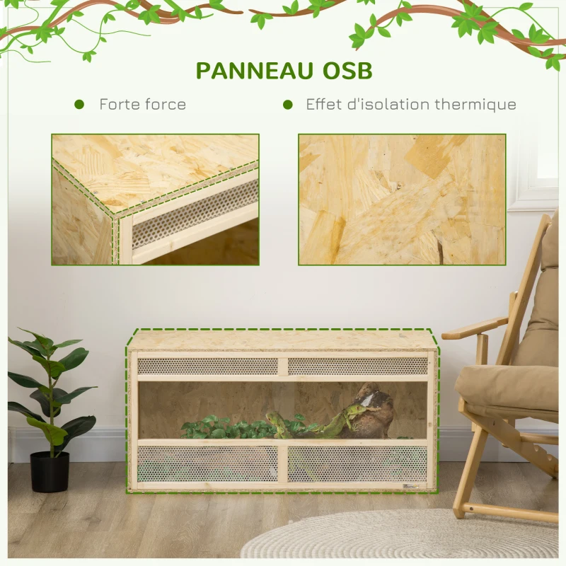 PawHut Terrarium en bois OSB pour reptiles avec porte coulissante en verre - 100 x 47 x 47 cm naturel