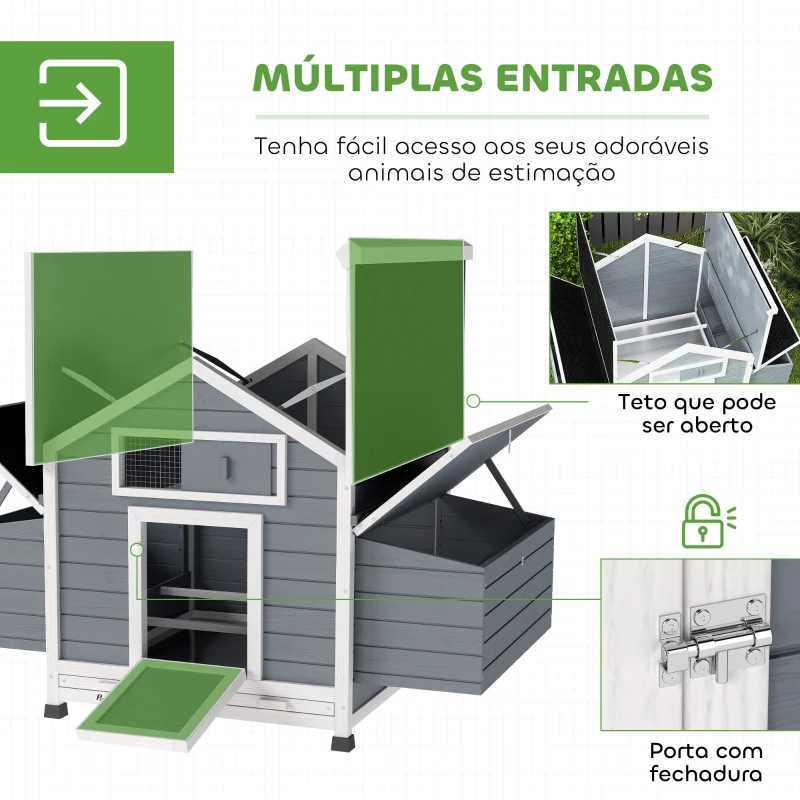 PawHut Galinheiro de Madeira para Exterior com 2 Ninhos, Bandeja Removível Poleiros Telhado Impermeável 150x100x96,5 cm Cinzento