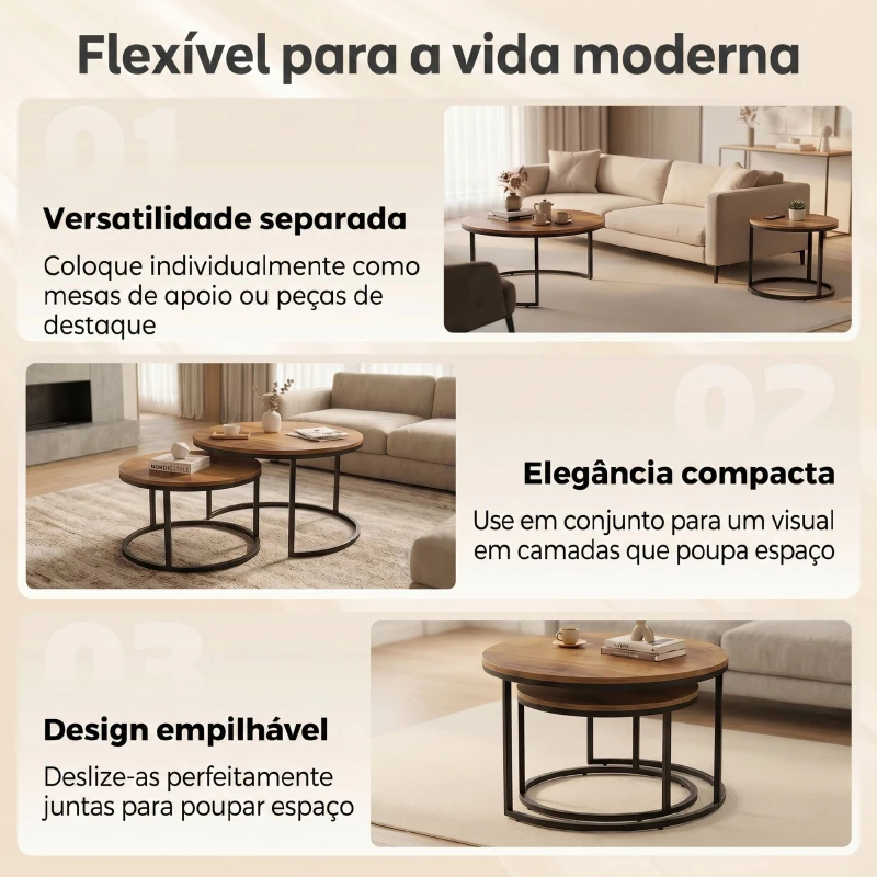 HOMCOM Conjunto de 2 Mesas de Centro Redondas Ninho Industriais com Estrutura Metálica para Sala ou Quarto Castanho