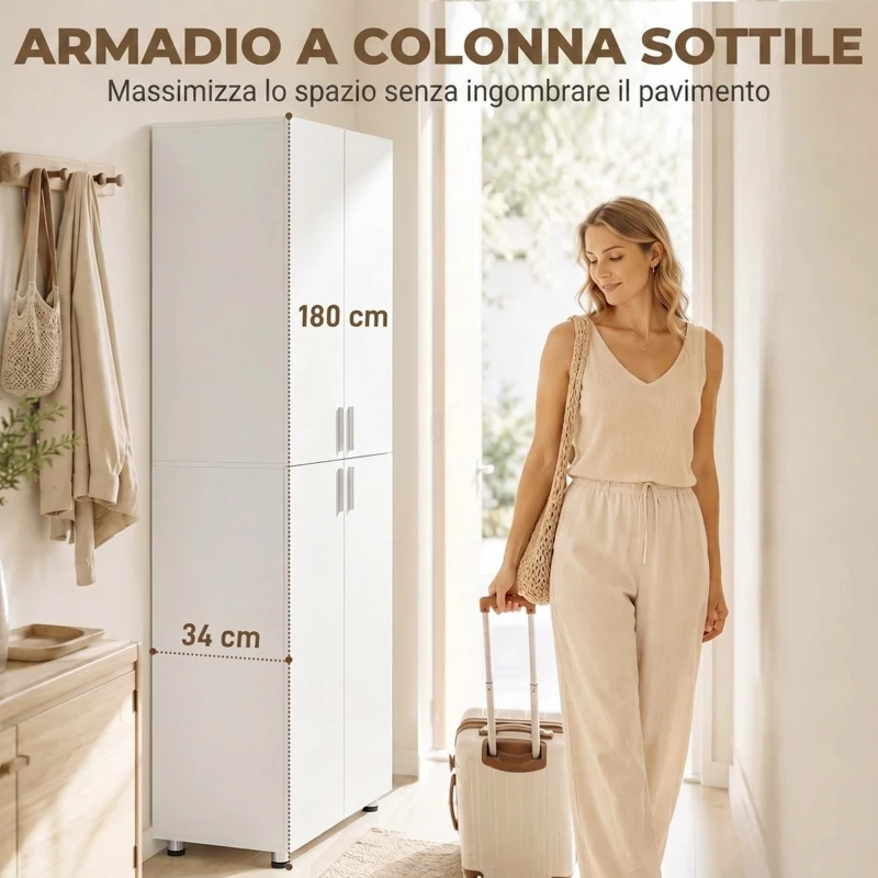 HOMCOM Armadio Guardaroba con 4 Ante e Chiusura Soft Close, 60x34x180  cm, Bianco