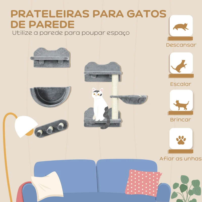 PawHut Prateleiras de Parede para Gatos 4 Peças com Rede Plataforma Semicircular Plataformas de Salto e Poste de Sisal Cinza