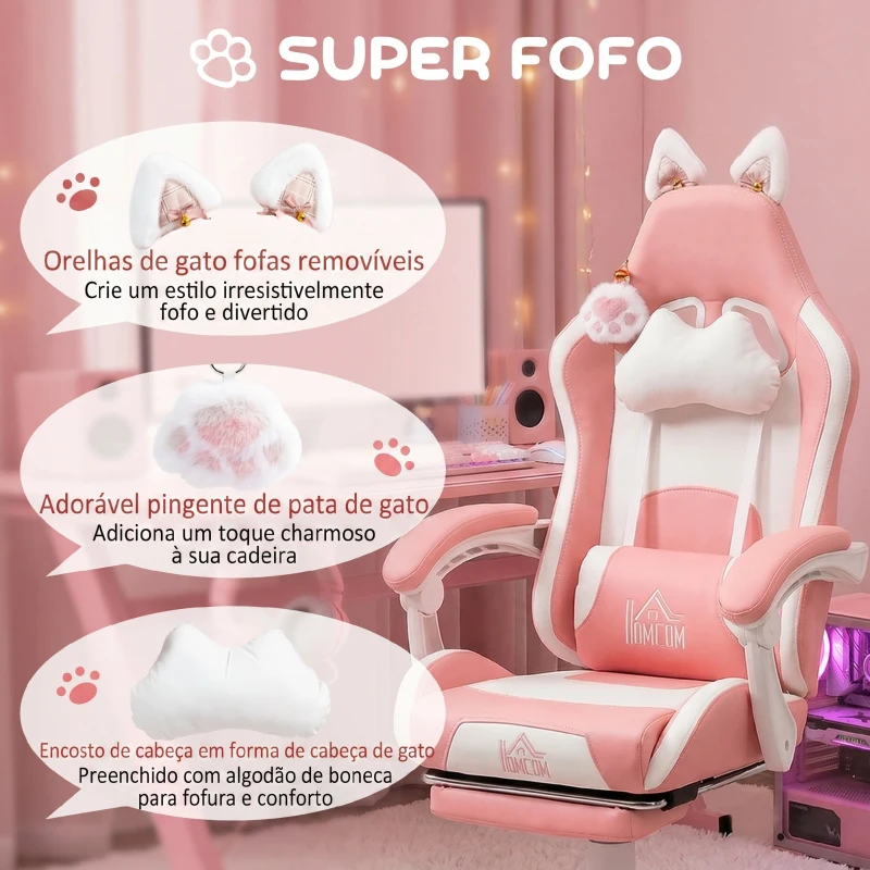 HOMCOM Cadeira Gaming com Orelhas Cadeira Gamer Reclinável com Altura Ajustável e Suporte Lombar 65x62x116-124 cm Rosa e Branco