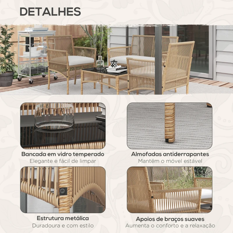 Outsunny Conjunto de Móveis de Jardim de Vime de 4 Peças de Varanda com 1 Sofá de 2 Lugares 2 Poltronas e Mesa de Centro Bege