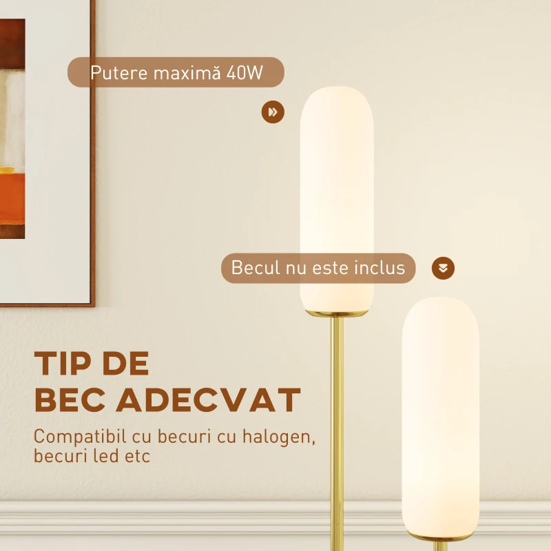 HOMCOM Lampadar în formă de U cu 2 Lumini și Întrerupător de Picior, Lampă de Podea din Sticlă și Oțel cu Bază de Marmură, 26x12x150 cm, Alb Negru și Auriu