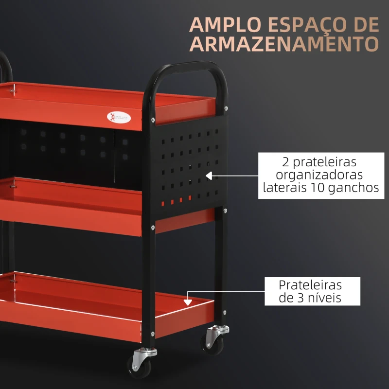 DURHAND Carro de Ferramentas Carro de Oficina de Aço com 3 Prateleiras Rodas e Painéis Perfurados 75x35x80 cm Vermelho e Preto