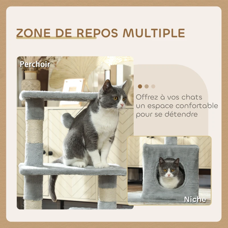 PawHut Arbre à chat tour de jeux pour chats poteaux en sisal, 2 plate-forme, niche, balle, tissu peluche, 50x30x81,5cm, gris