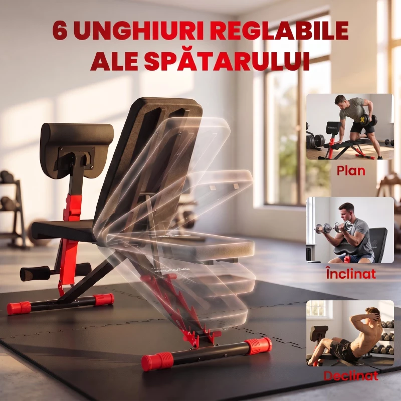 SPORTNOW Bancă de Greutăți Multifuncțională cu Spătar Reglabil 7 Niveluri, Pliabilă pentru Antrenament Acasă, Roșu