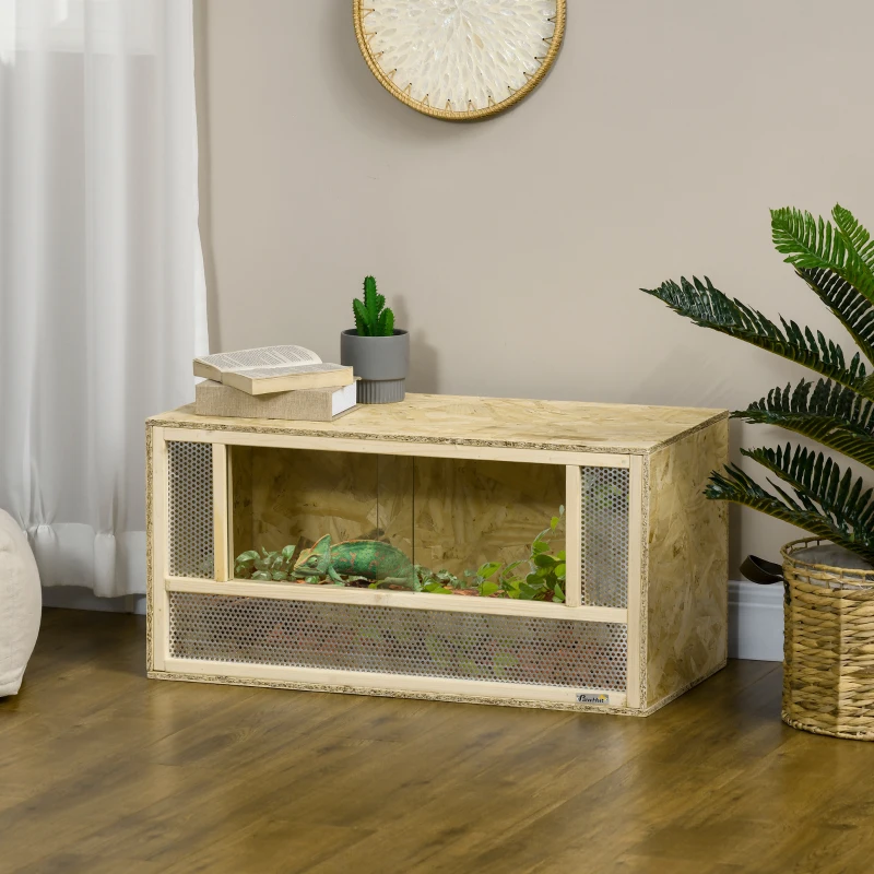 PawHut Terrarium en bois OSB pour reptiles et batraciens avec porte coulissante en verre - 80 x 40 x 40 cm naturel