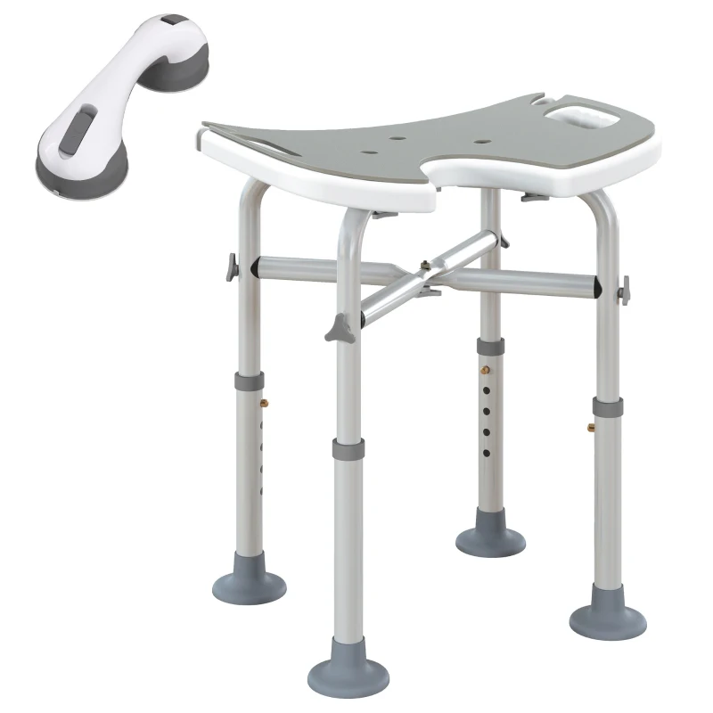 HOMCOM Tabouret de douche siège de douche hauteur ajustable 39-51,5 cm barre d'appui à ventouse patins à ventouse gris