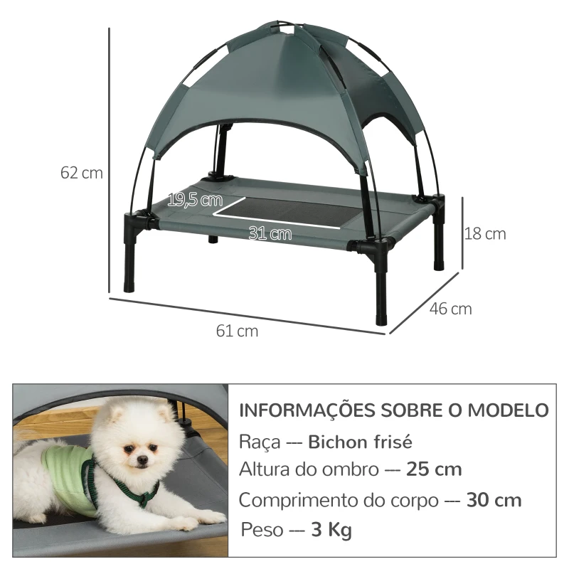 PawHut Cama Elevada para Animais de Estimação Portátil com Toldo Amovível Tecido Respirável 61x46x62 cm Cinza