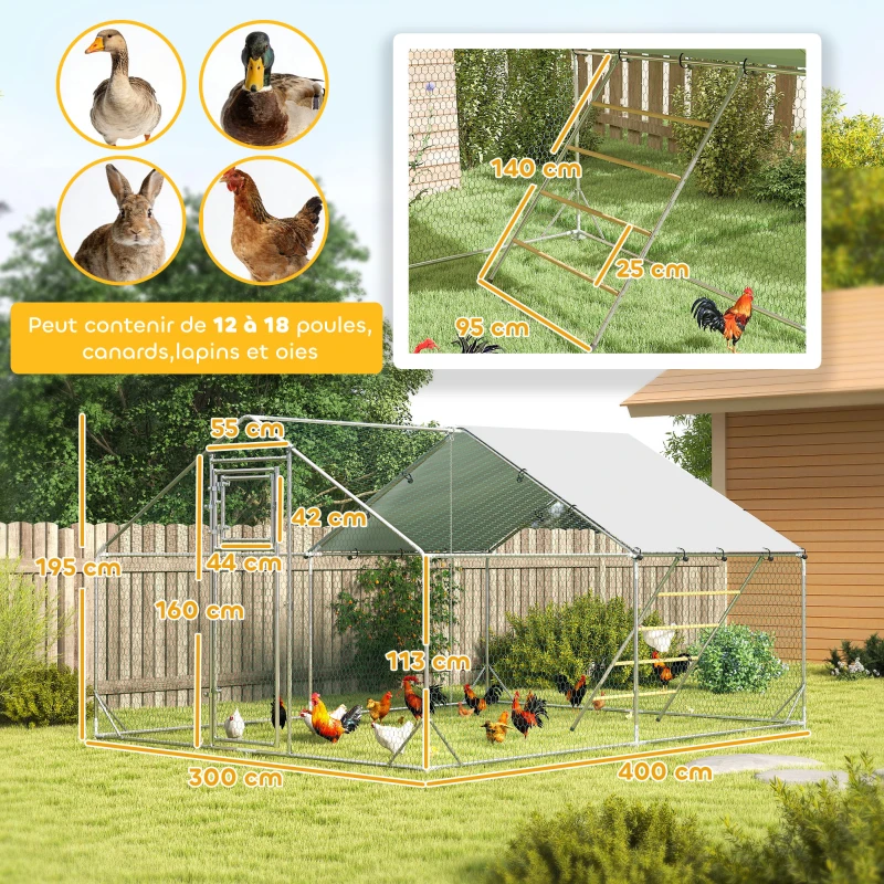 PawHut Enclos poulailler extérieur parc grillagé 12 m² avec perchoir et mangeoire acier galvanisé Ø25mm 300x400x195cm argent