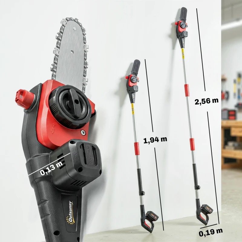 Outsunny Motosserra Elétrica Extensível 1,94-2,56 m com 2 Baterias de 4,0 Ah, Carregador Duplo Bloqueio e Lubrificação Automática
