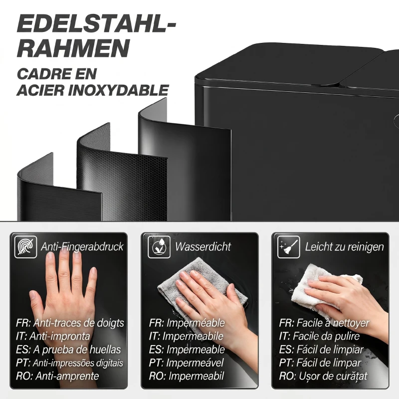 HOMCOM Bidone Immondizia a 3 Sezioni da 20L con Chiusura Silenziosa, in Acciaio Inox e PP, 61.9x36.6x56.7 cm, Nero