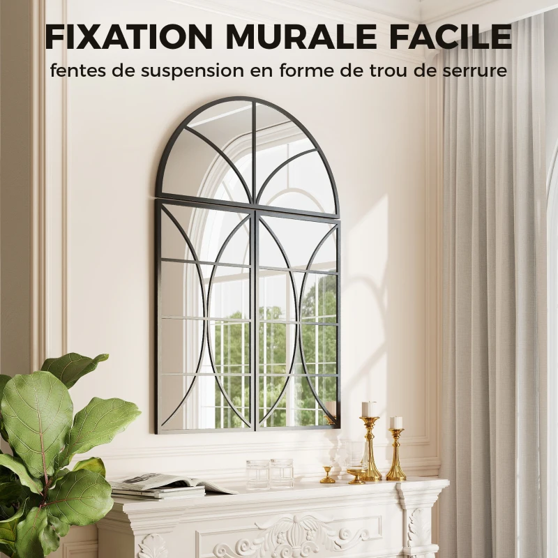 HOMCOM Miroir mural arqué 80 x 120 cm, lot de 3 pièces, miroir verrière en forme de fenêtre, verre trempé et métal, noir