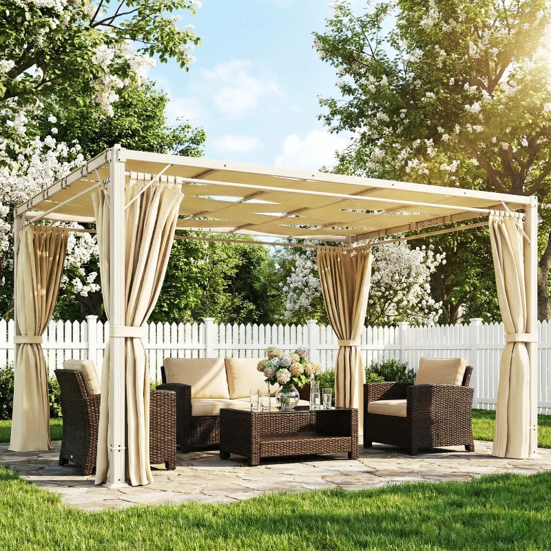 Outsunny Pérgola de Jardim 385x295x225 cm com Teto Ondulado 4 Cortinas Removíveis Proteção UPF50+ e Estrutura de Aço Bege