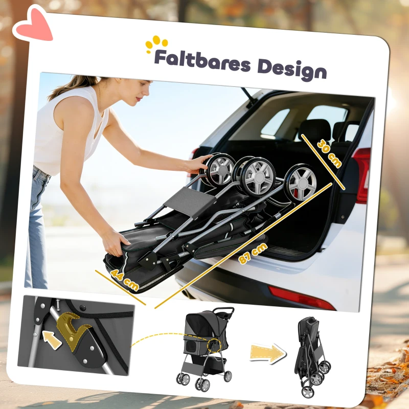 PawHut Hundewagen Faltbar Hundebuggy mit Reflektorstreif Aufbewahrungskorb Kissen für kleine Hunde bis 10 kg 77x44x102 cm Dunkelgrau