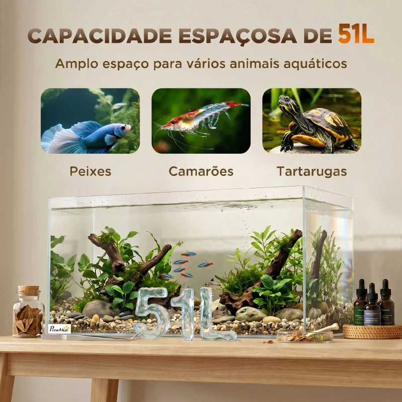 PawHut Aquário de Vidro 51 L com Tapete Protetor para Peixes, Camarões e Tartarugas – Transparente