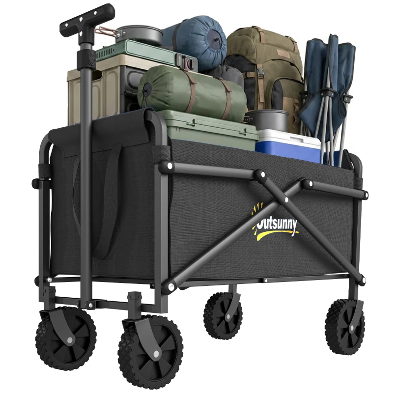 Outsunny Bollerwagen Faltbar Handwagen 360° Gartenwagen mit verstellbarem Griff Strandwagen bis 60 kg für Sport Einkauf Schwarz