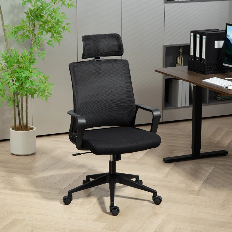 HOMCOM Scaun de birou ergonomic cu tetieră și înălțime reglabilă, funcție de balansare și roți, negru