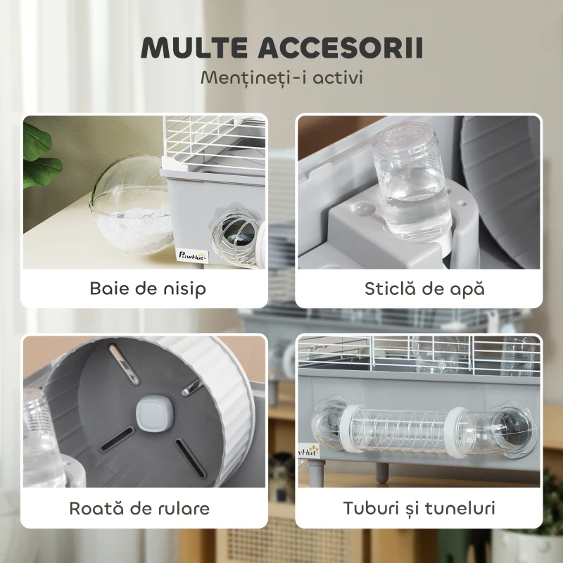 PawHut Cușcă pentru Hamsteri cu 2 Niveluri și 3 Uși, cu Roată și Tuburi, din Oțel, PS și PP, 44.5x28x44 cm, Gri și Alb