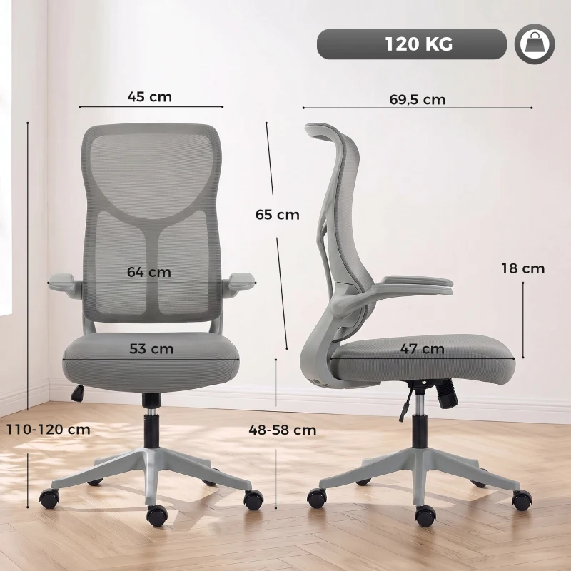 HOMCOM Sedia da Ufficio Ergonomica Girevole con Braccioli Ribaltabili, Dondolo e Altezza Regolabile, Grigio