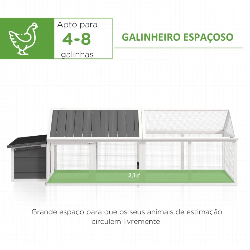PawHut Galinheiro de Madeira para 4-8 Galinhas com Teto Abatível Portas com Fechadura e Caixa Ninho 240x112,5x76 cm Branco