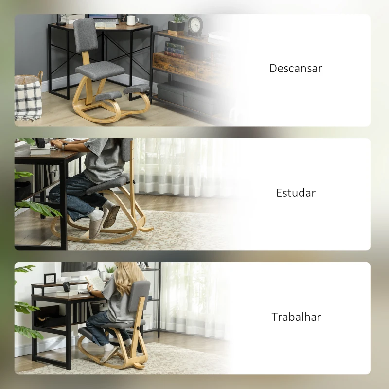 HOMCOM Cadeira Ergonómica de Joelhos com Encosto Almofadas Acolchoadas Estrutura de Madeira para Melhor Postura 51x84x93 cm Cinzento